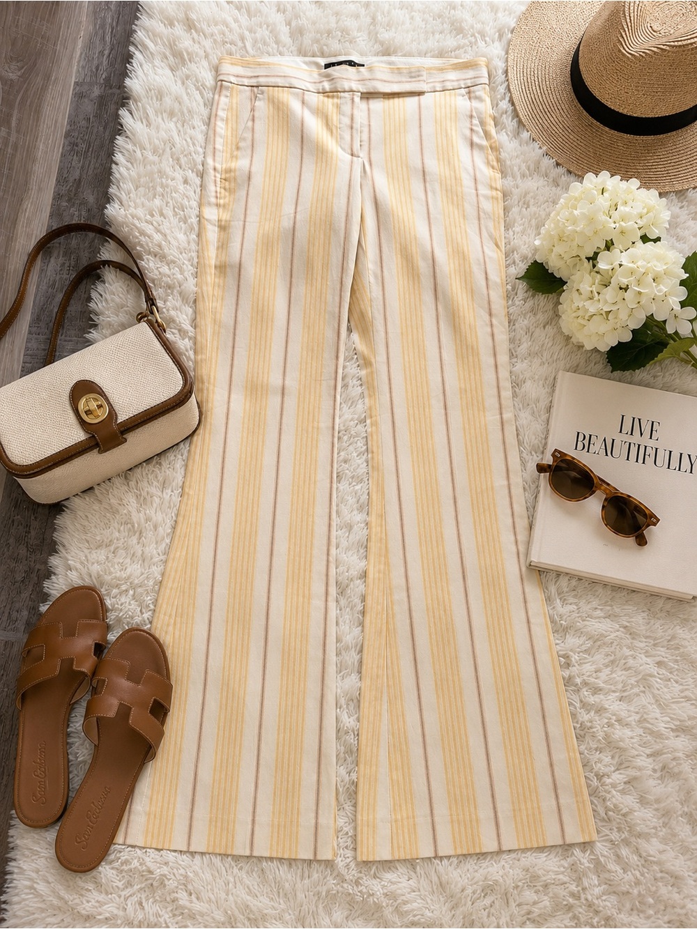 Theory Wide Leg Striped Trousers Size 4 Cream Yellow Cotton Stretch Made in USA